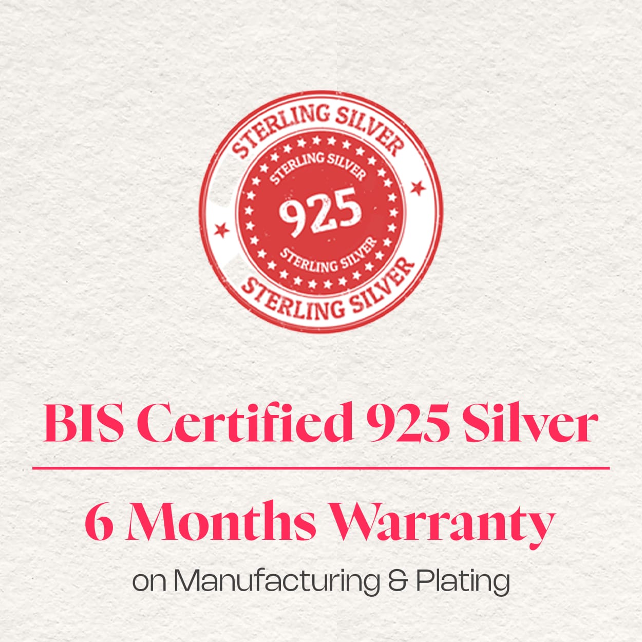 Red 'Sterling Silver 925' stamp on a white background with text about certification and warranty.