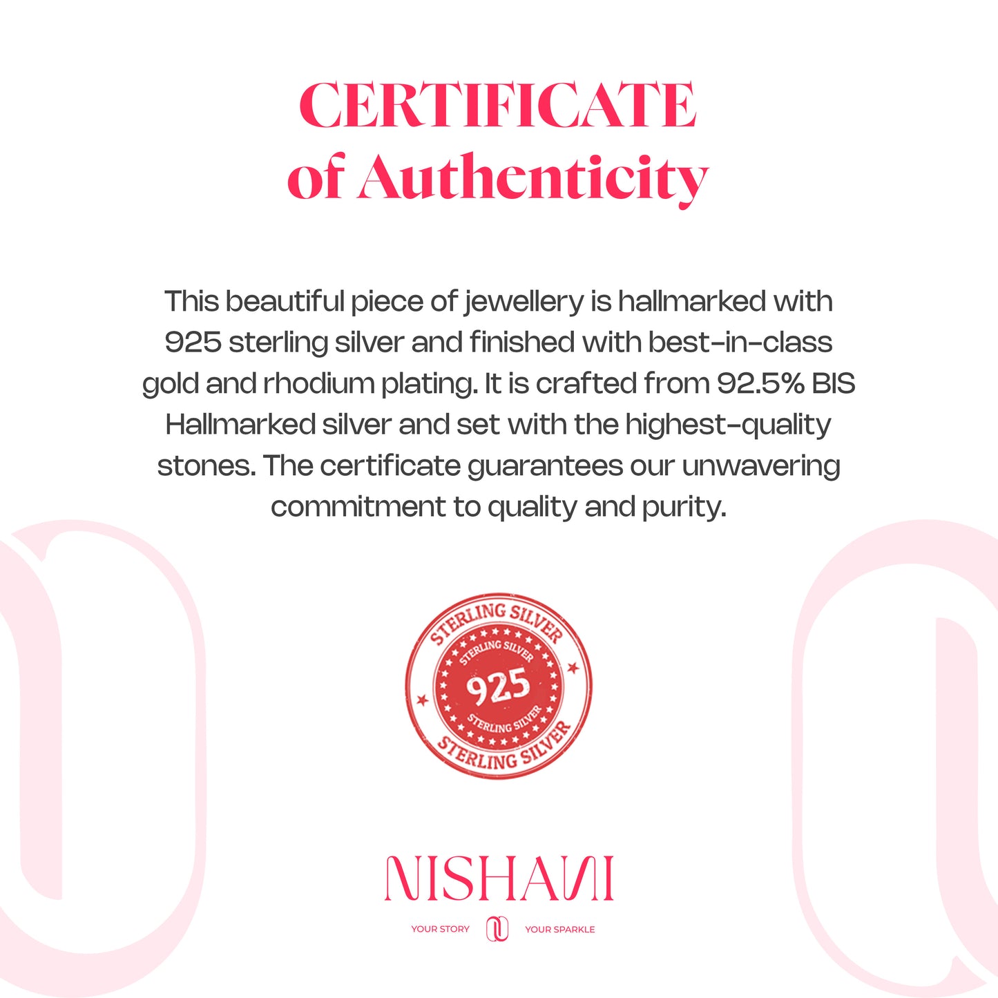 Certificate of Authenticity for jewelry featuring Nishavi branding and 925 sterling silver hallmark.