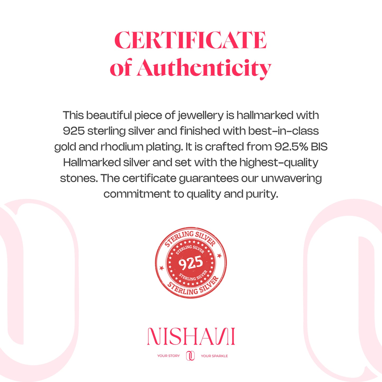Certificate of Authenticity for jewelry featuring Nishavi branding and a 925 sterling silver stamp.