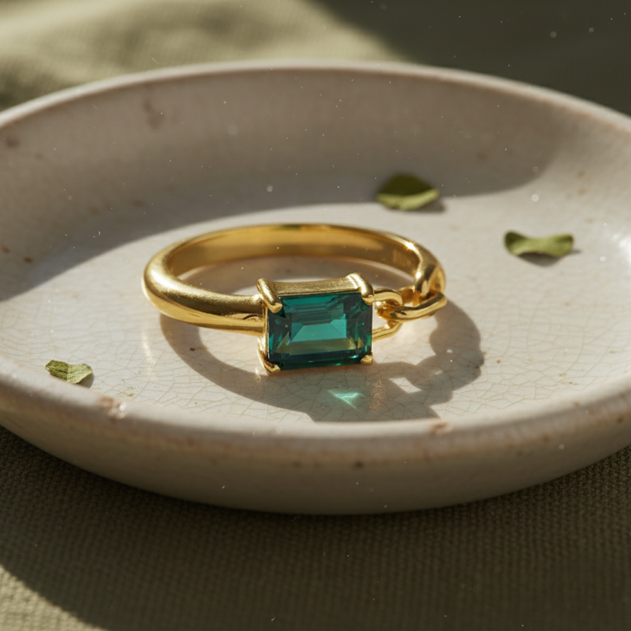 Flat Lay of KiraKira Emerald Ring | 925 Silver Gold-Plated from Nishani’s Kira Kira festive collection — handcrafted emerald jewelry, ring in gold-plated 925 silver.