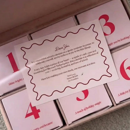 Set of pink boxes with numbers and text on a light green surface