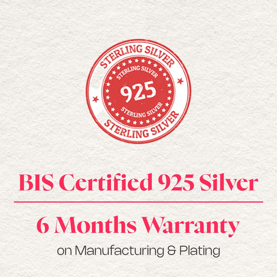 Red 'Sterling Silver 925' stamp on a white background with text about certification and warranty.