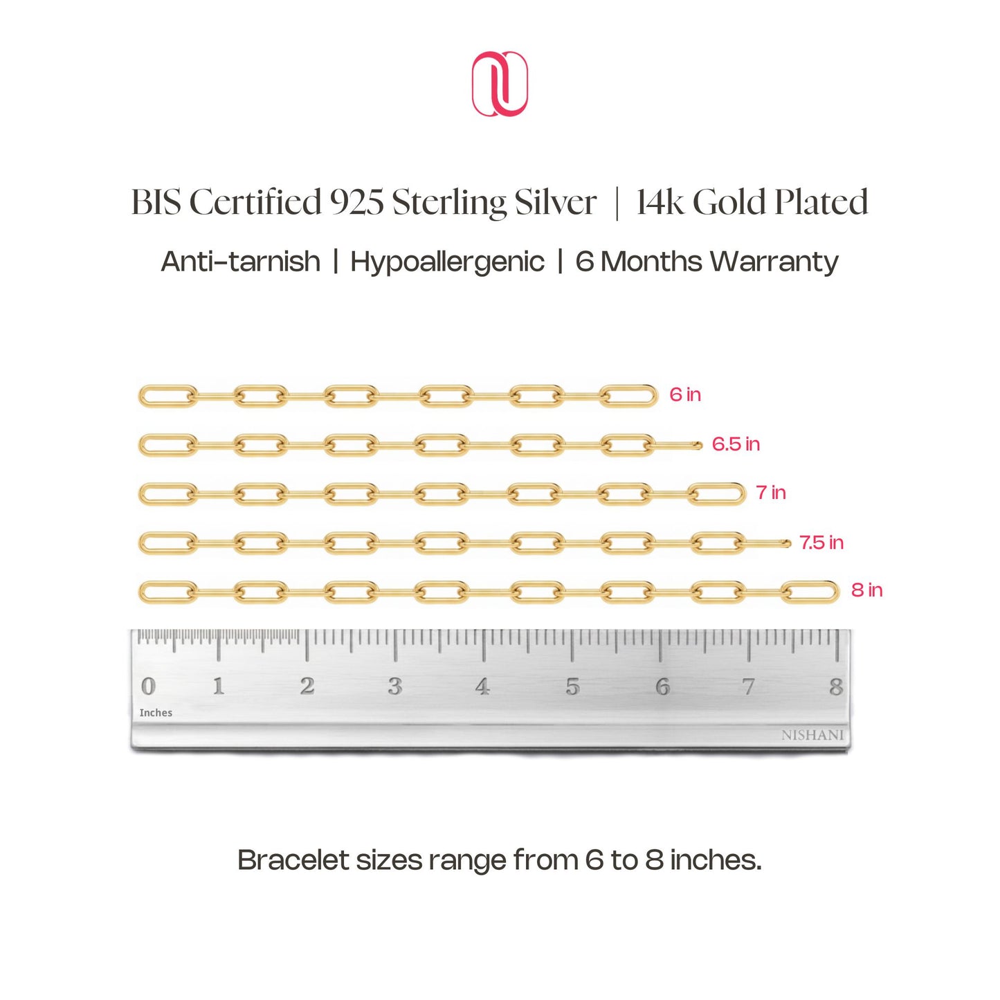 Gold chain bracelet with measurements and a ruler on a white background