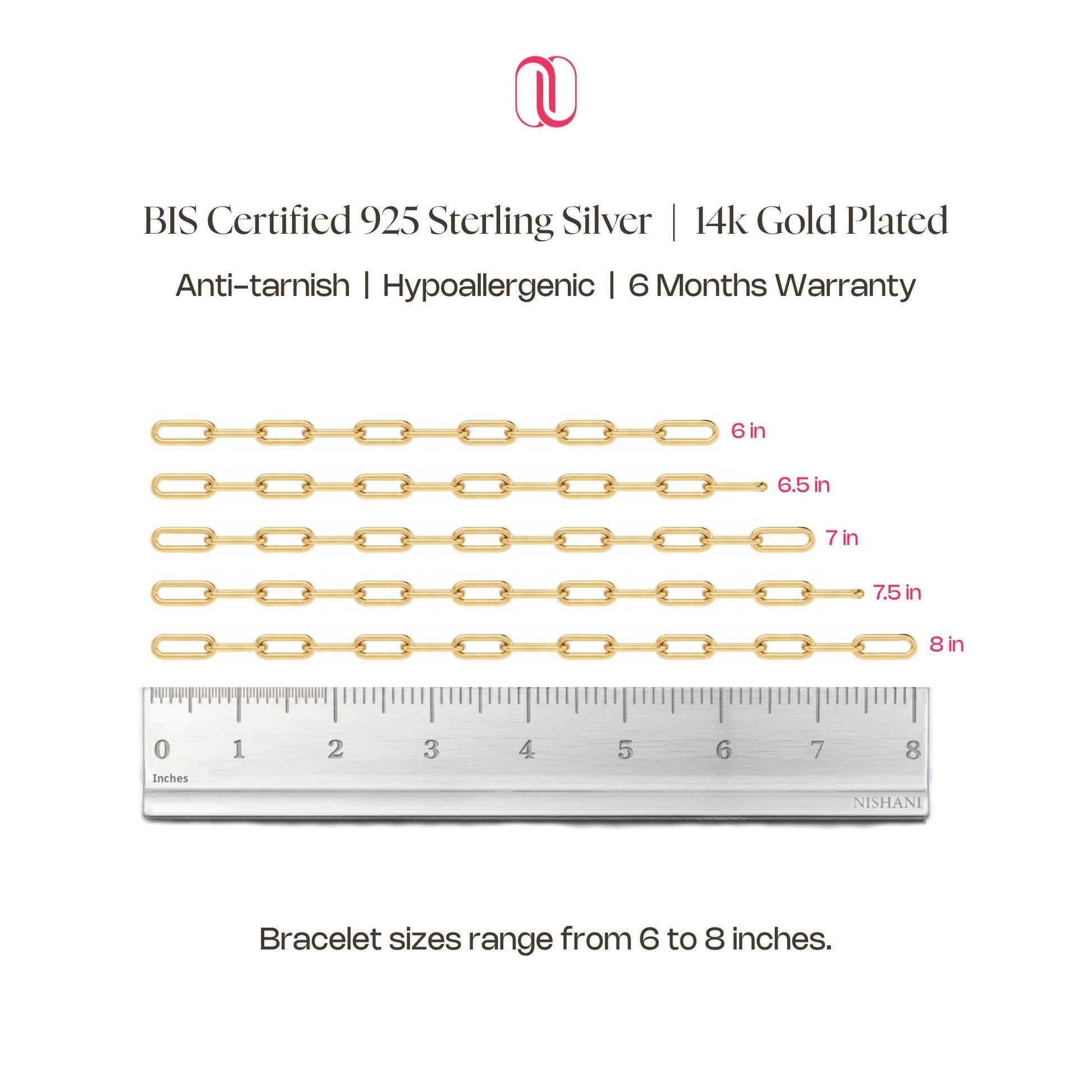 Gold chain bracelet with measurements and a ruler on a white background