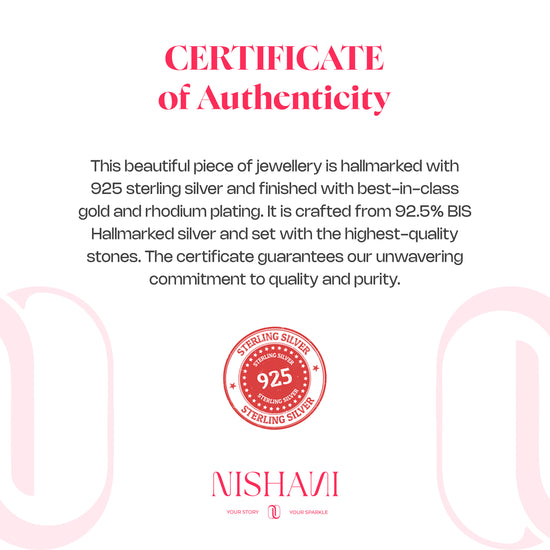 Certificate of Authenticity for jewelry featuring Nishavi branding and 925 sterling silver hallmark.