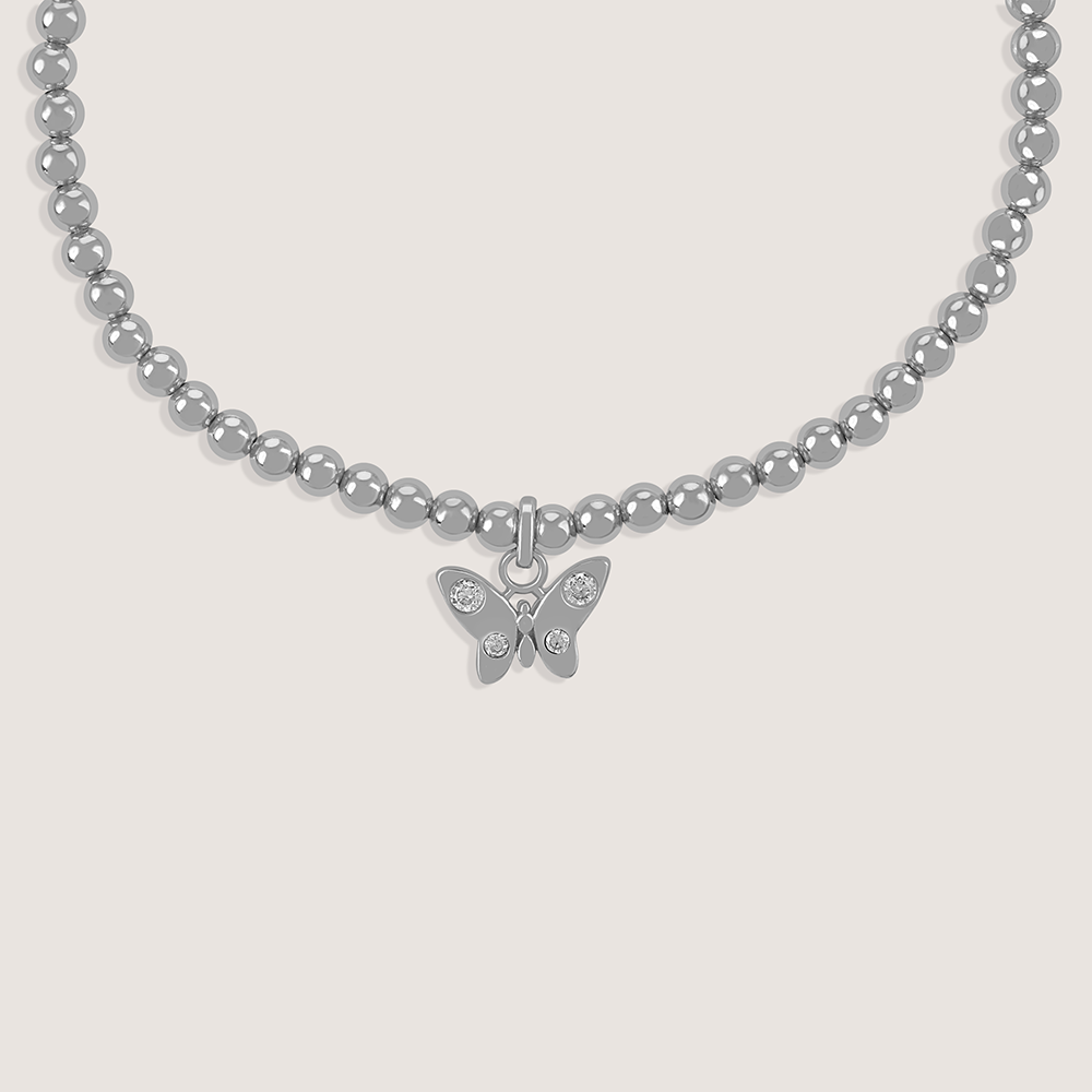 Close-up of Ukiyo Butterfly Charm Bracelet — a minimal, rhodium-plated 925 silver design crafted for everyday wear from Nishani’s Ukiyo collection.