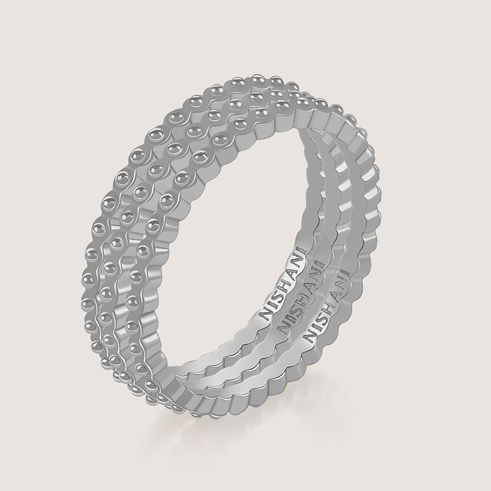 Close-up of Ukiyo Trio Ball Rings — a minimal, rhodium-plated 925 silver design crafted for everyday wear from Nishani’s Ukiyo collection.