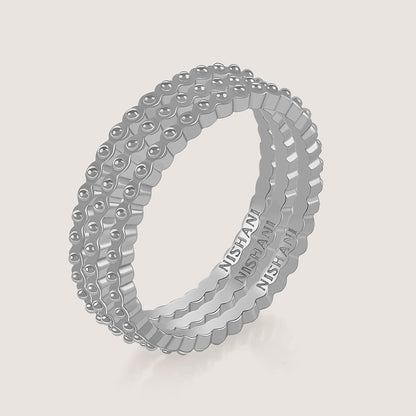 Close-up of Ukiyo Trio Ball Rings — a minimal, rhodium-plated 925 silver design crafted for everyday wear from Nishani’s Ukiyo collection.