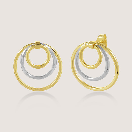 Dual-tone gold and rhodium circular dangler earrings in 925 silver, bold yet elegant — product - front shot.