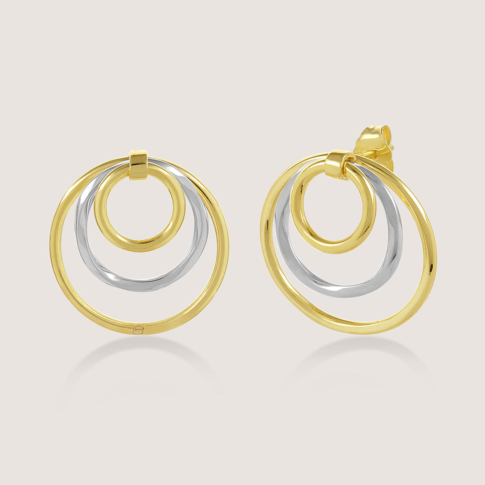Dual-tone gold and rhodium circular dangler earrings in 925 silver, bold yet elegant — product - front shot.