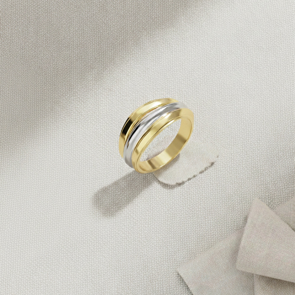 Dual-tone gold and rhodium signet band ring in 925 silver, bold everyday luxury — flat lay shot.