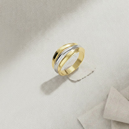 Dual-tone gold and rhodium signet band ring in 925 silver, bold everyday luxury — flat lay shot.