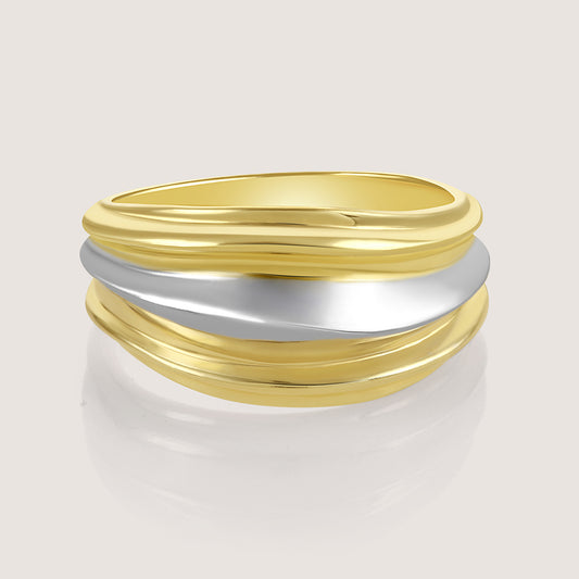 Dual-tone gold and rhodium signet band ring in 925 silver, bold everyday luxury — product - front shot.