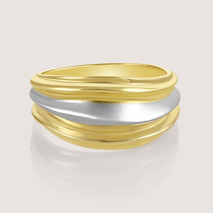 Dual-tone gold and rhodium signet band ring in 925 silver, bold everyday luxury — product - front shot.