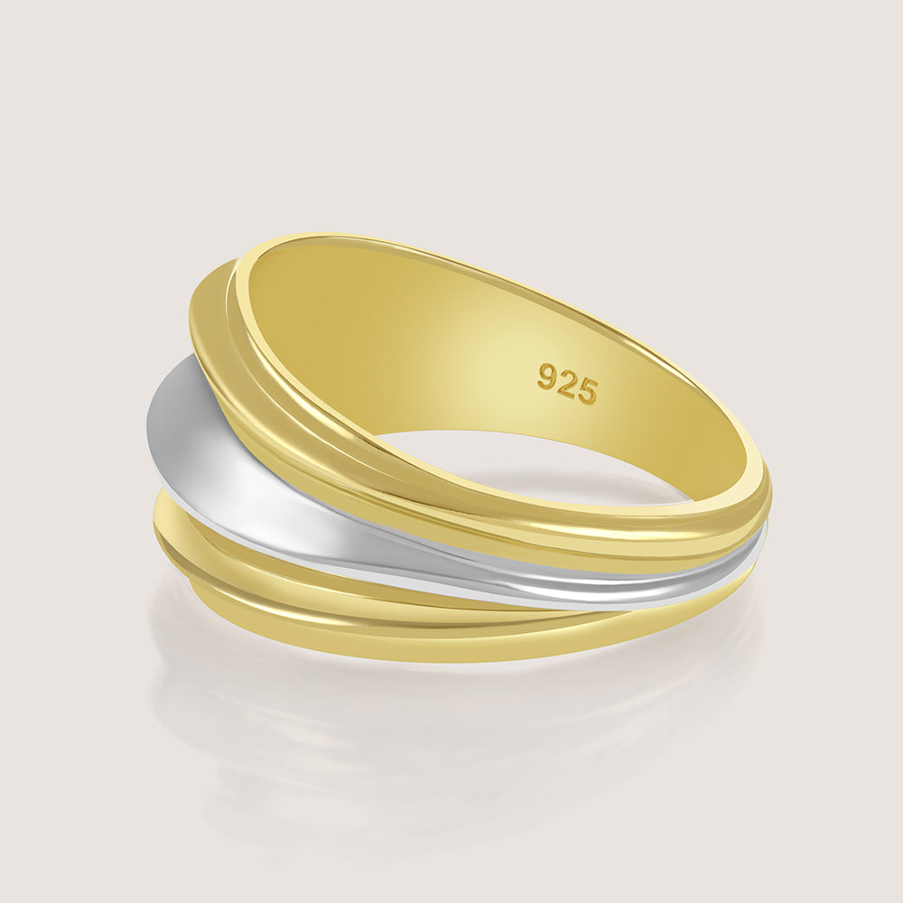 Dual-tone gold and rhodium signet band ring in 925 silver, bold everyday luxury — product - side shot.