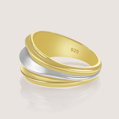 Dual-tone gold and rhodium signet band ring in 925 silver, bold everyday luxury — product - side shot.