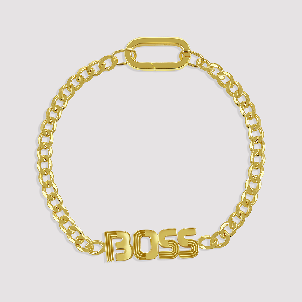 Elegant gold-plated Boss bracelet crafted in 925 silver, perfect for confident women with a modern edge.