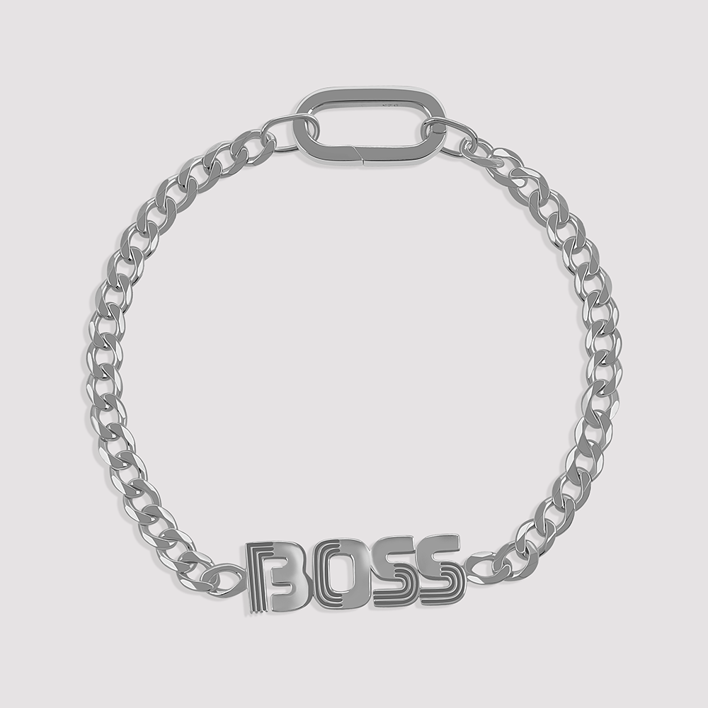 Elegant rhodium-plated Boss bracelet crafted in 925 silver, perfect for confident women with a modern edge.