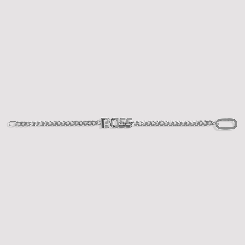 Elegant rhodium-plated Boss bracelet crafted in 925 silver, perfect for confident women with a modern edge.