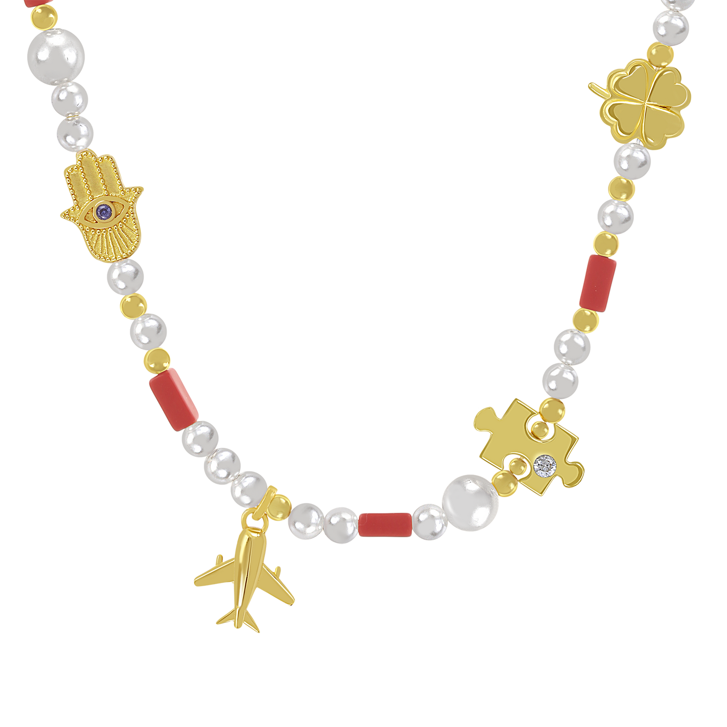 Gold-plated 925 silver necklace from the Enishi collection, colourful and modern — model - close-up shot.