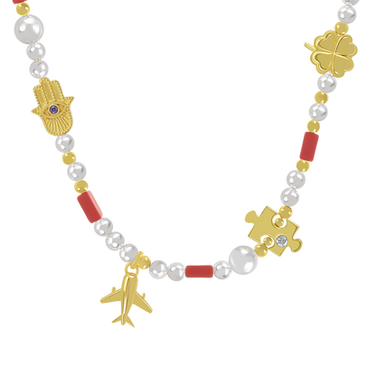 Gold-plated 925 silver necklace from the Enishi collection, colourful and modern — model - close-up shot.