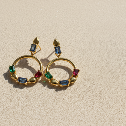 Flat Lay of KiraKira Multi-Colour Danglers | 925 Silver Gold-Plated from Nishani’s Kira Kira festive collection — handcrafted multicolour stones jewelry, earrings in gold-plated 925 silver.