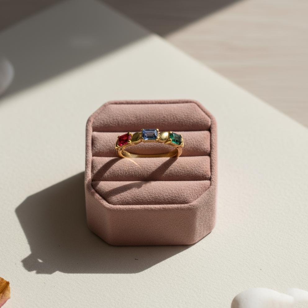 Flat Lay of KiraKira Multicolour Ring | 925 Silver Gold-Plated from Nishani’s Kira Kira festive collection — handcrafted multicolour stones jewelry, ring in gold-plated 925 silver.