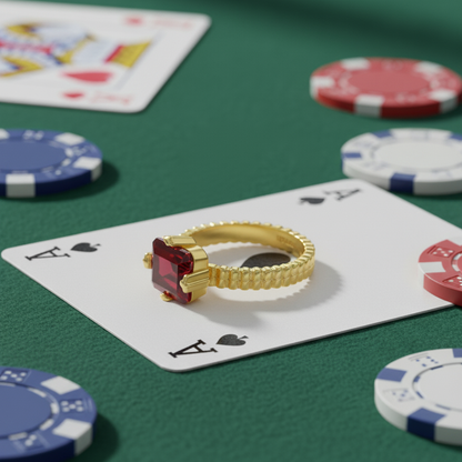 Flat Lay of KiraKira Ruby Suits Ring | 925 Silver Gold-Plated from Nishani’s Kira Kira festive collection — handcrafted ruby jewelry, ring in gold-plated 925 silver.