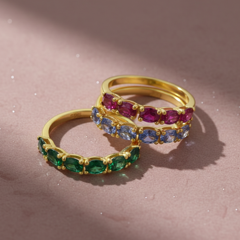 Flat Lay of KiraKira Stackable Rings | 925 Silver Gold-Plated Multicolour from Nishani’s Kira Kira festive collection — handcrafted multicolour stones jewelry, ring in gold-plated 925 silver.