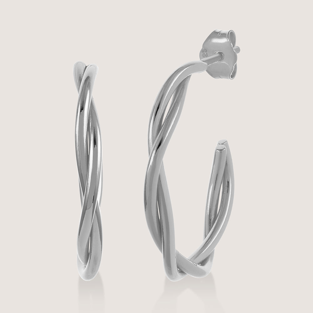 White Background - Front of Ukiyo twisted Hoops — a minimal, rhodium-plated 925 silver design crafted for everyday wear from Nishani’s Ukiyo collection.