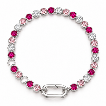 A silver link bracelet featuring alternating round pink and clear crystals in bezel settings, with a polished silver clasp, shown on a white background.