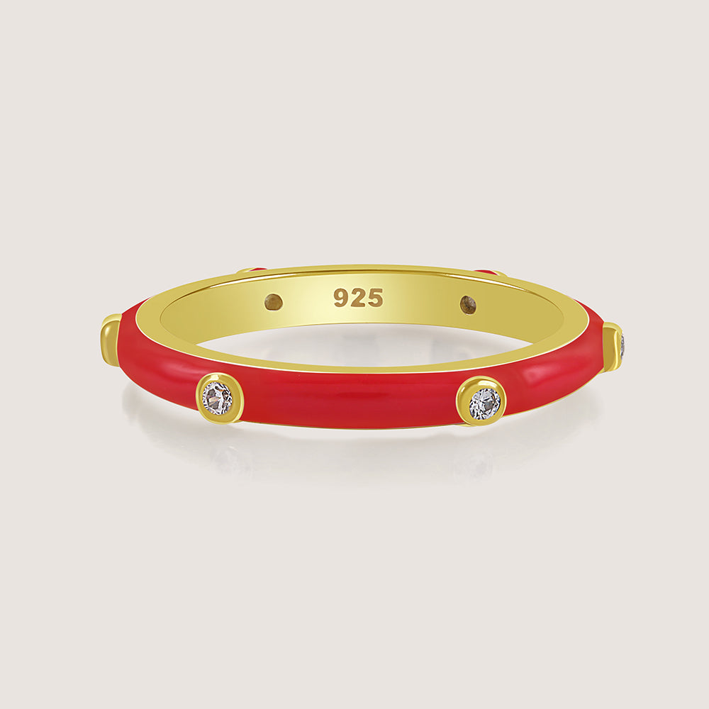 Gold-plated 925 silver multi-colour bands from the Enishi collection, celebrating unity and individuality — product - red front shot.