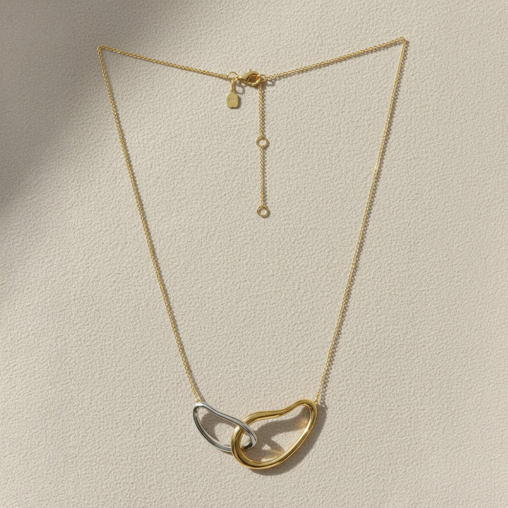 Gold and rhodium connect necklace in 925 silver, statement sculptural pendant 