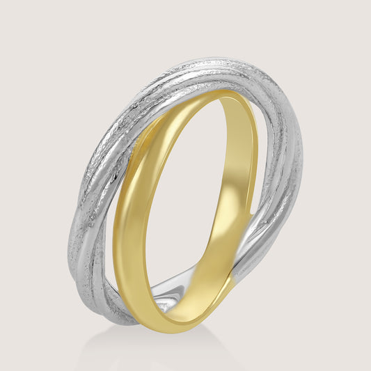 Gold and rhodium interlinked ring in 925 silver, fluid dual-tone statement piece — product - front shot.