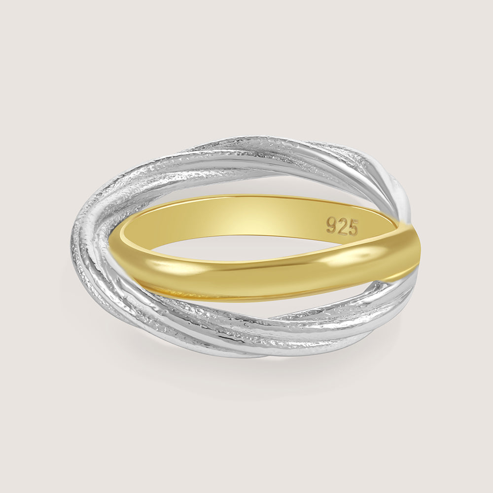 Gold and rhodium interlinked ring in 925 silver, fluid dual-tone statement piece — product - side shot.