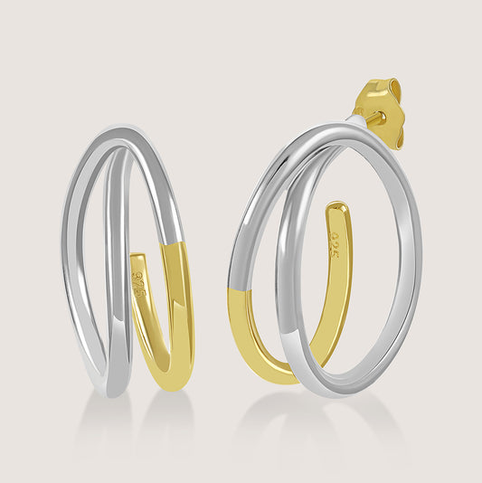 Gold and rhodium intertwined stud earrings in 925 silver, modern dual-tone design — product - front shot.