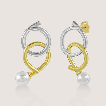 Gold and rhodium knot-a-pearl earrings in 925 silver, bold dual-tone pearl design — product - front shot.