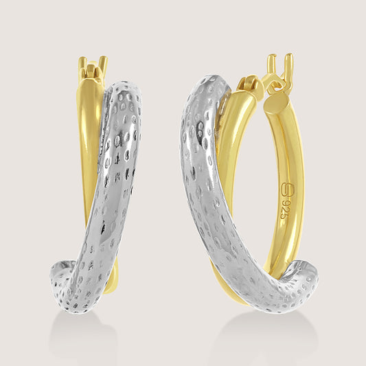 Gold and rhodium overlap hoops in 925 silver, dynamic dual-tone design — product - front shot.