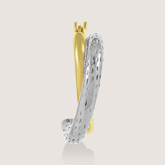 Gold and rhodium overlap hoops in 925 silver, dynamic dual-tone design — product - side shot.