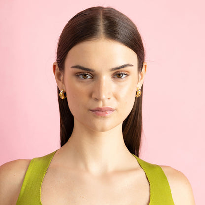 Gold and rhodium puffed hoops in 925 silver, voluminous dual-tone earrings — model - full look shot1 