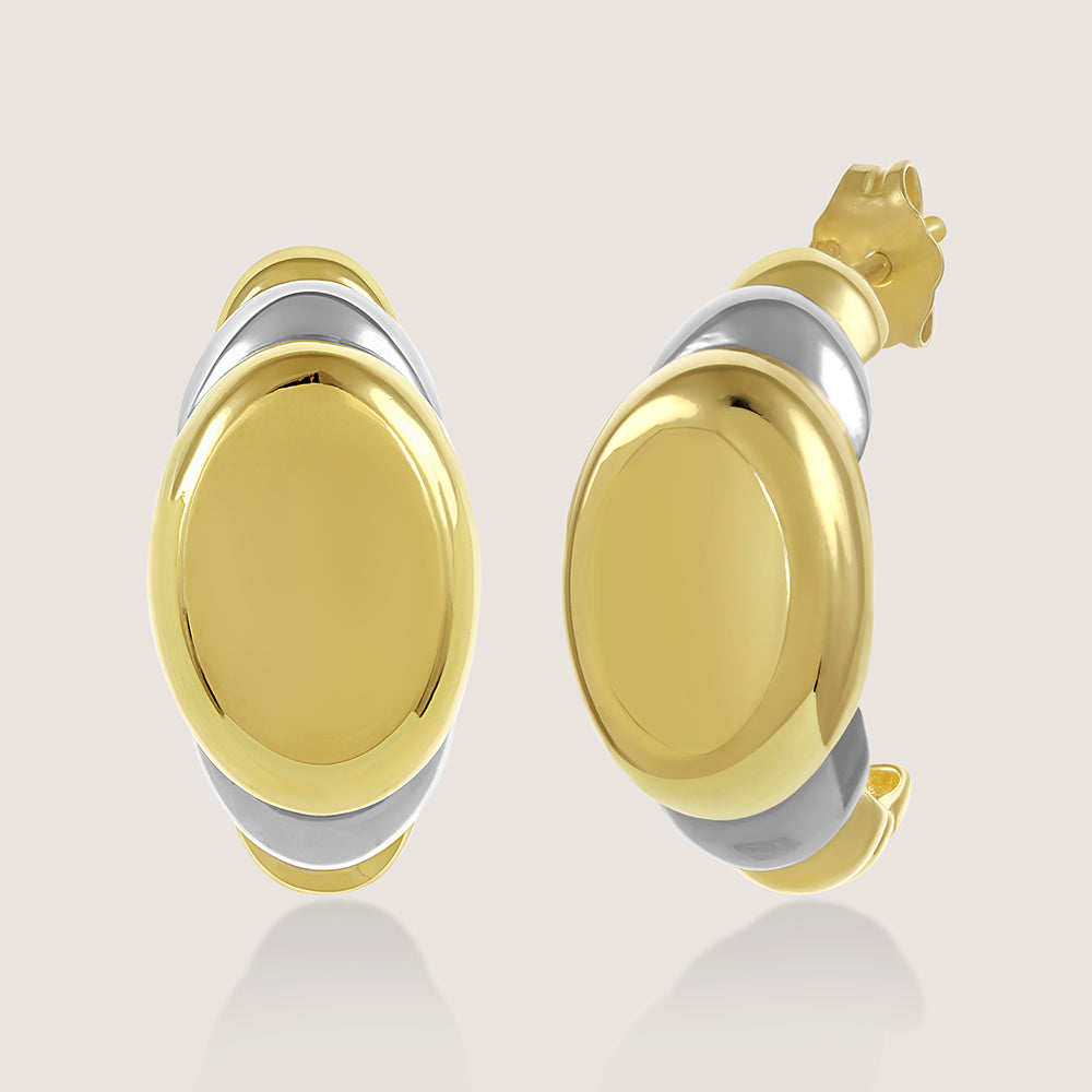 Gold and rhodium puffed hoops in 925 silver, voluminous dual-tone earrings — product - front shot.