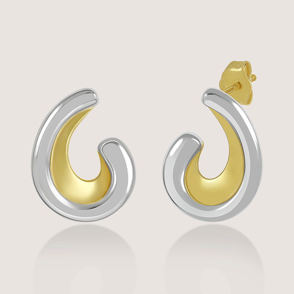 Gold and rhodium scooped studs in 925 silver, sculptural design for bold elegance — product - front shot.