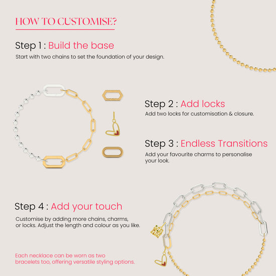 Instructions on how to customize a necklace with chains, locks, and charms on a light gray background.