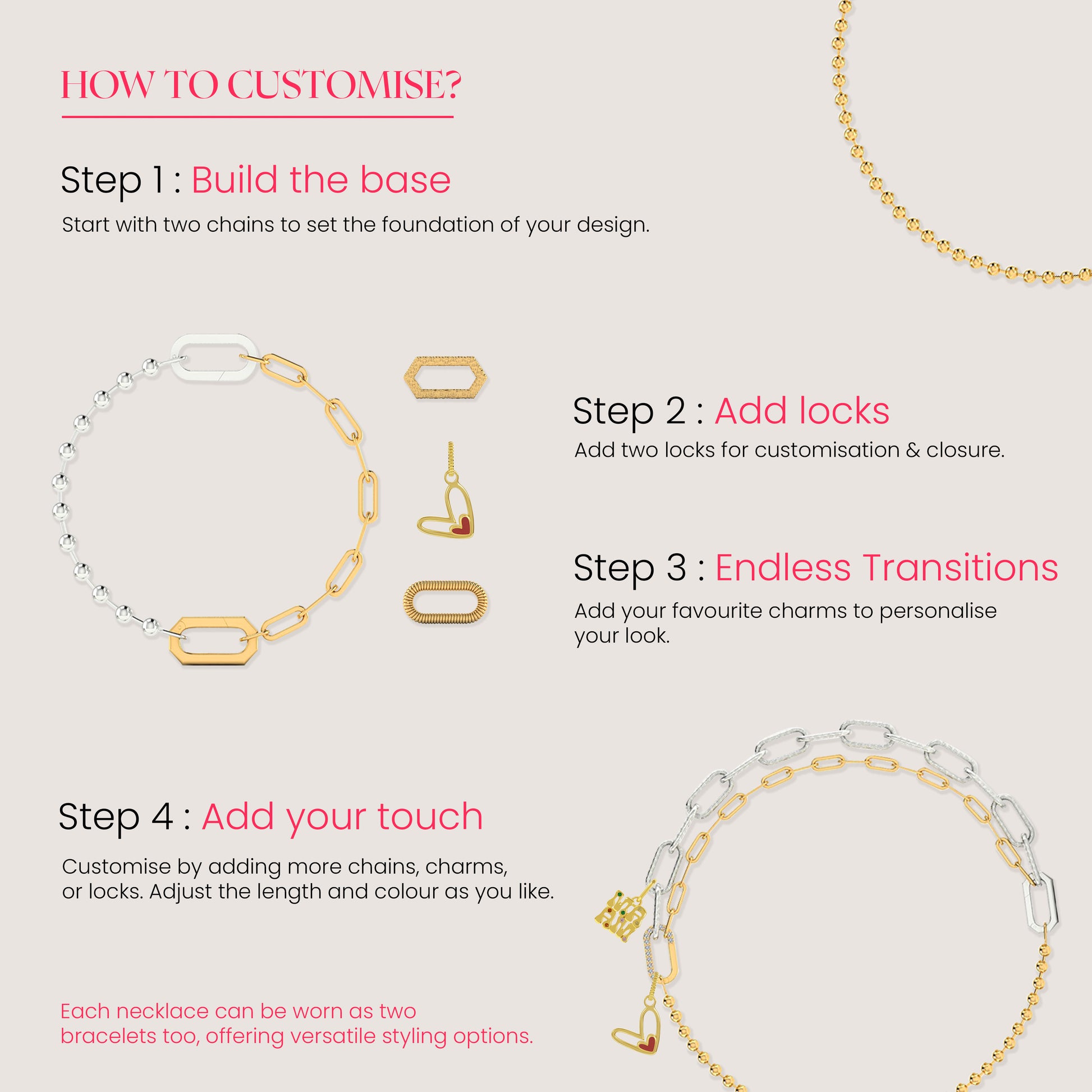 Instructions on how to customize a necklace with chains, locks, and charms on a light gray background.