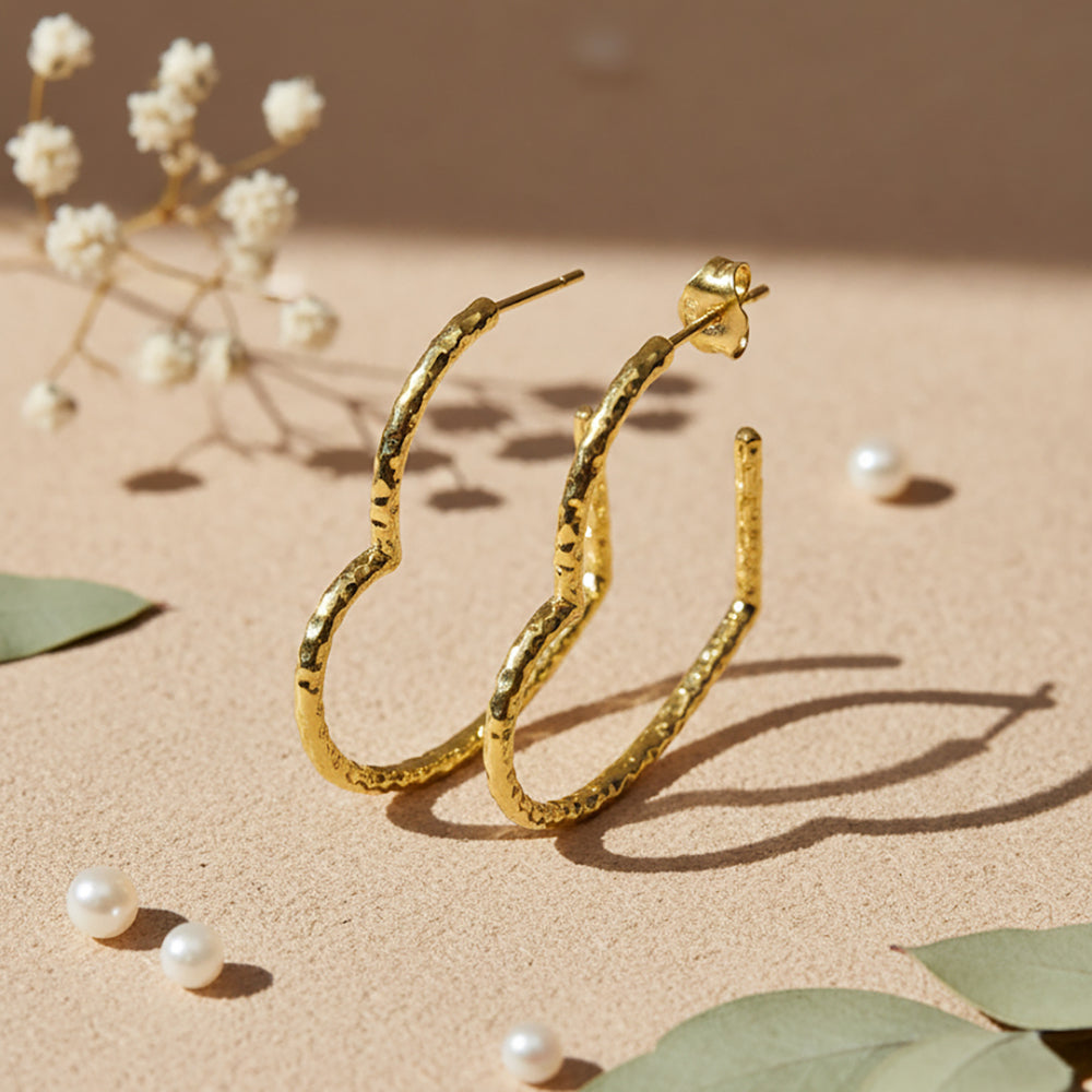 Ukiyo Textured Heart Hoops — a minimal, gold-plated 925 silver design crafted for everyday wear from Nishani’s Ukiyo collection.