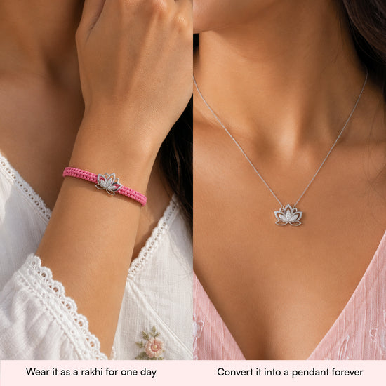 A split-screen lifestyle image showing a silver lotus pendant necklace on the right and a pink woven bracelet with a matching lotus charm on the left. Both jewelry pieces feature a lotus flower design.