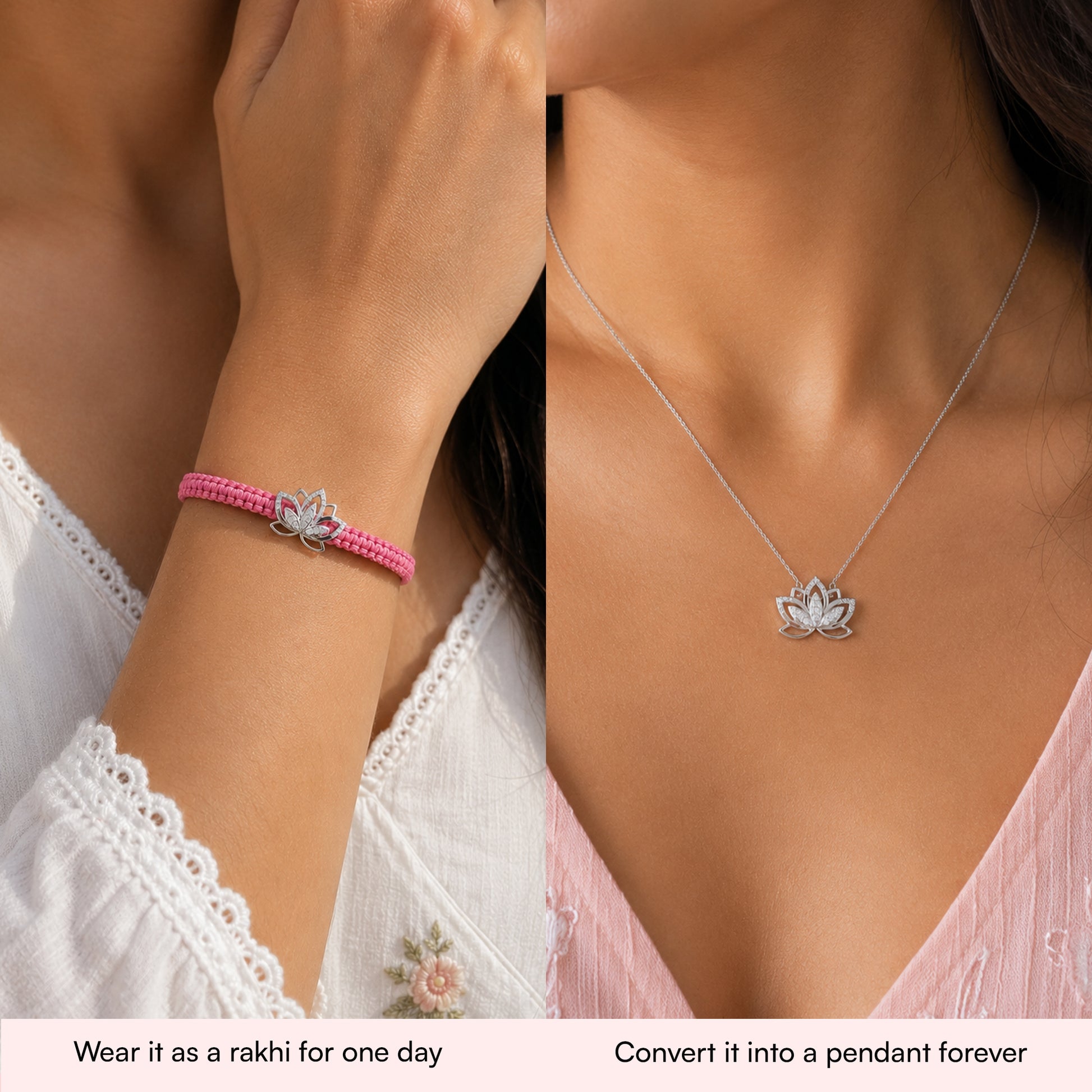 A split-screen lifestyle image showing a silver lotus pendant necklace on the right and a pink woven bracelet with a matching lotus charm on the left. Both jewelry pieces feature a lotus flower design.