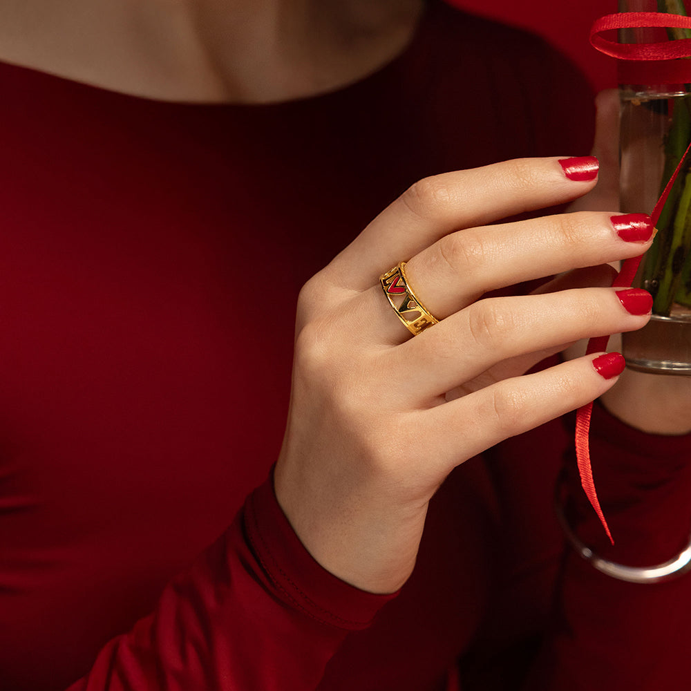 Love Band Ring – front angle highlighting its romantic, youthful, and elevated design from Nishani’s Heart Collection.