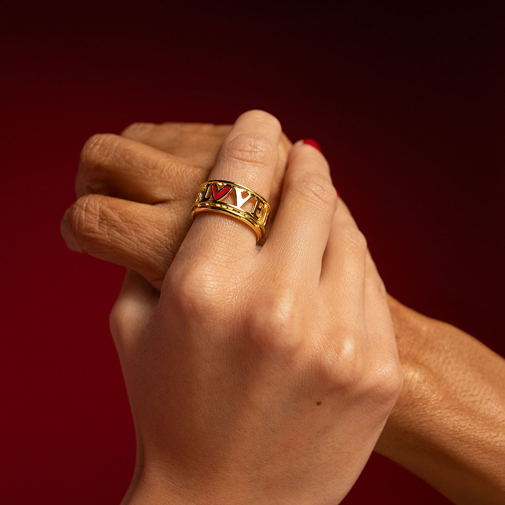 Love Band Ring – front angle highlighting its romantic, youthful, and elevated design from Nishani’s Heart Collection.