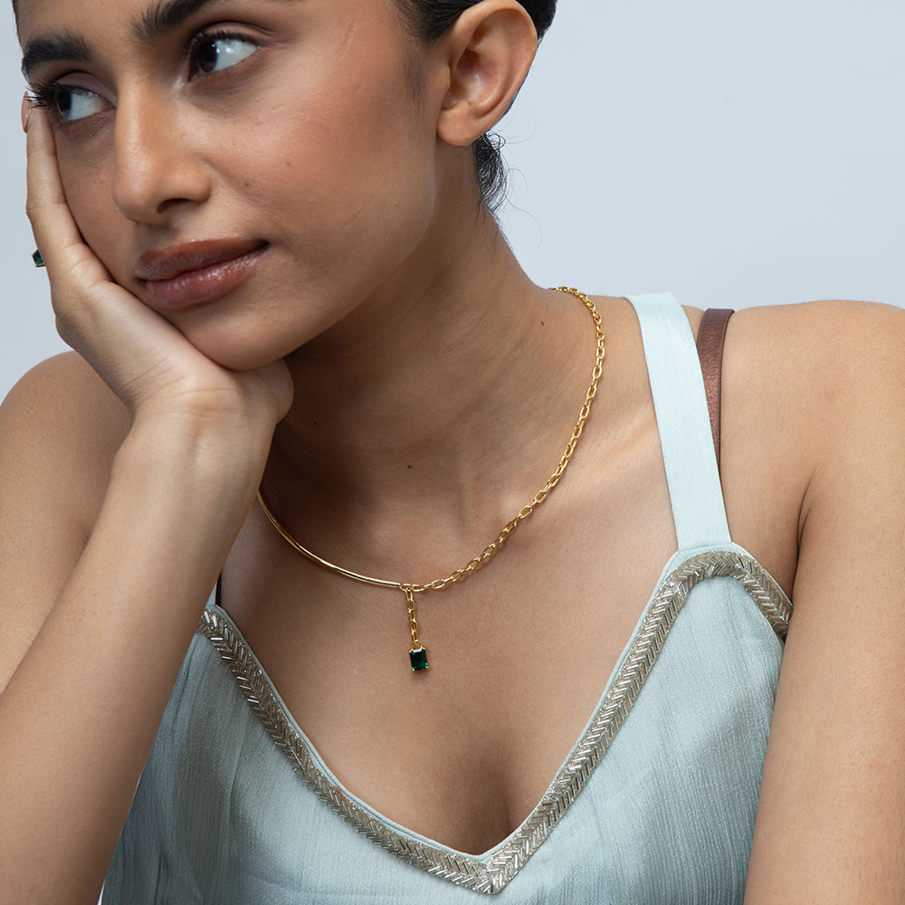 Model Image 1 of KiraKira Emerald Choker | 925 Silver Gold-Plated from Nishani’s Kira Kira festive collection — handcrafted emerald jewelry, necklace in gold-plated 925 silver.